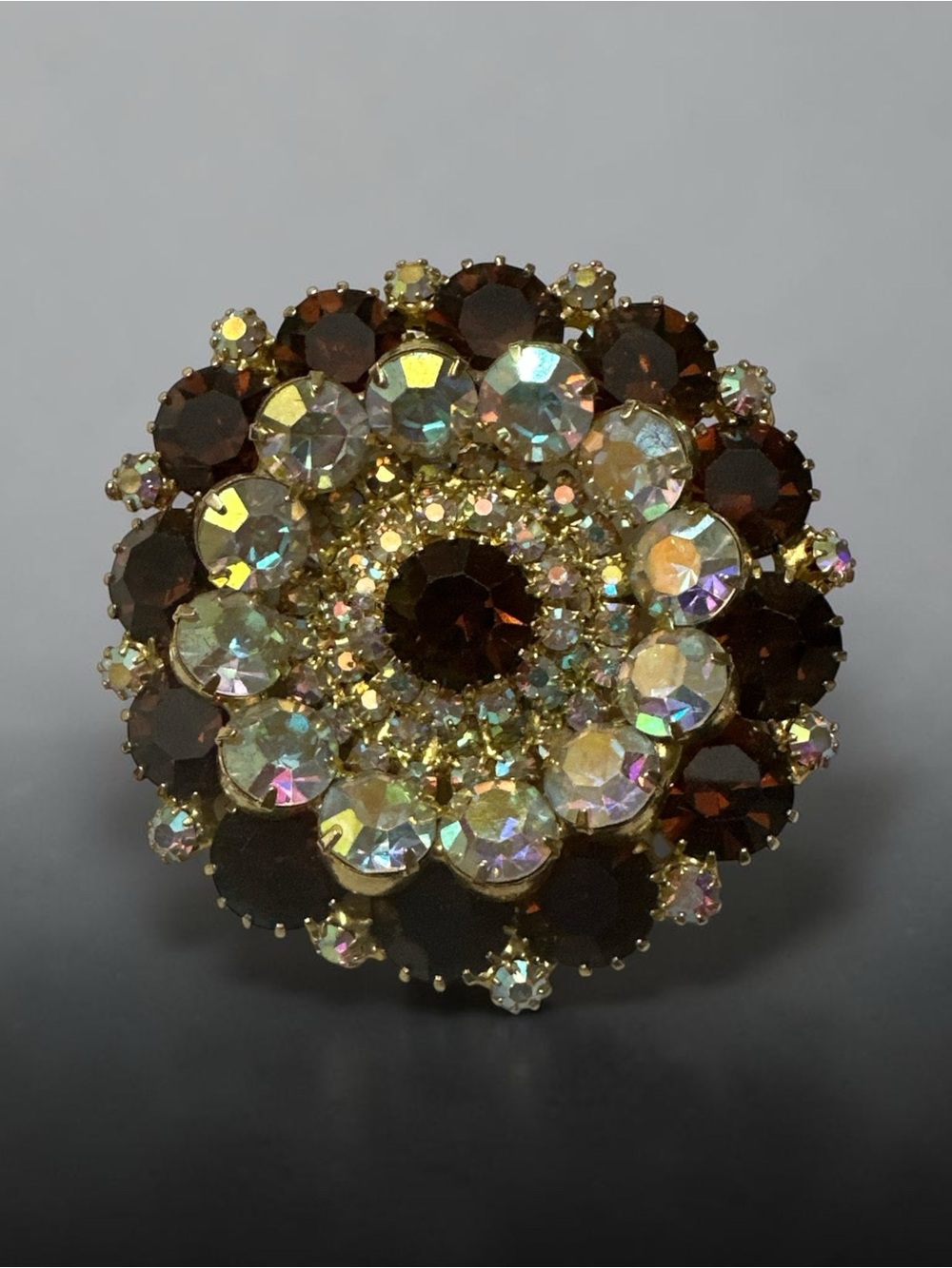 Aurora Borealis and Brown Crystal Flower Statement Brooch